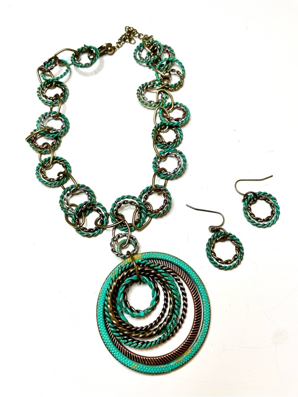 Unique Necklace & Earrings Copper & Painted Green Metal Circles Hardware Chic